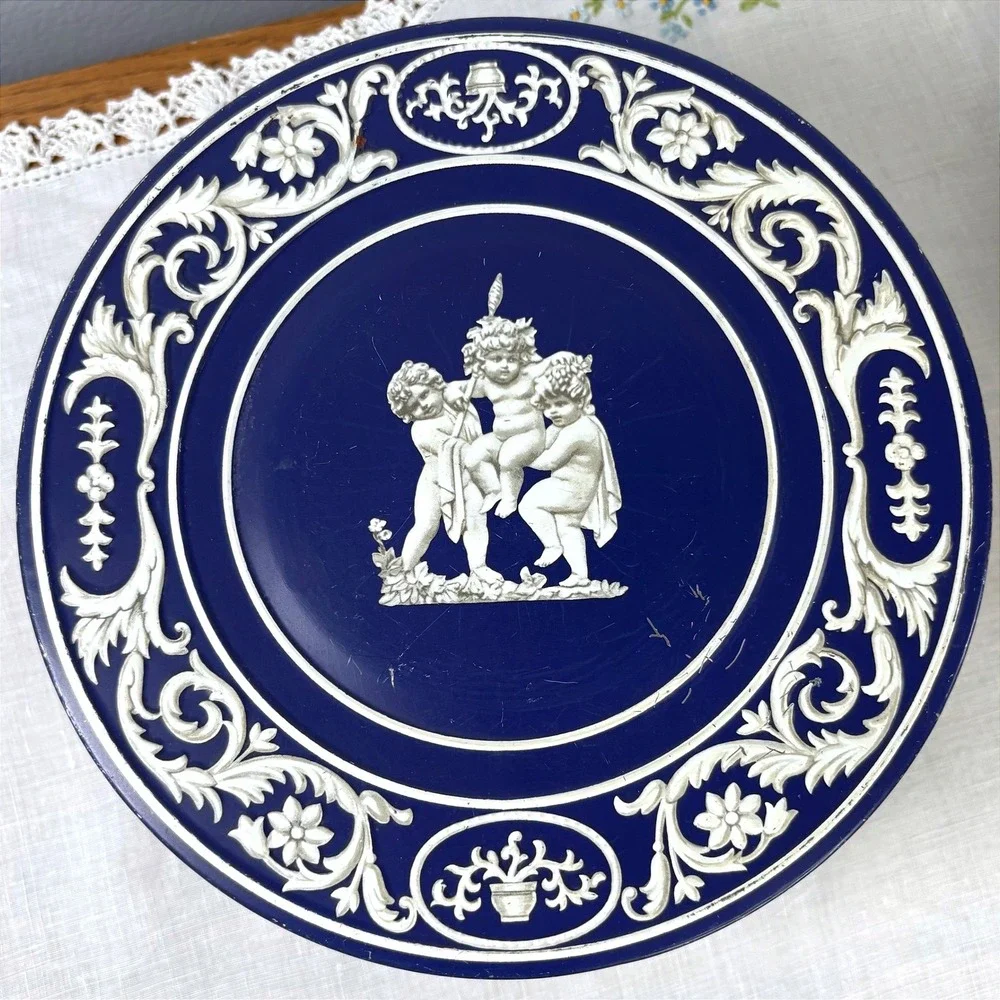 Vintage Huntley & Palmers Blue Jasperware Style & Holland Floral Tin Set of 2
